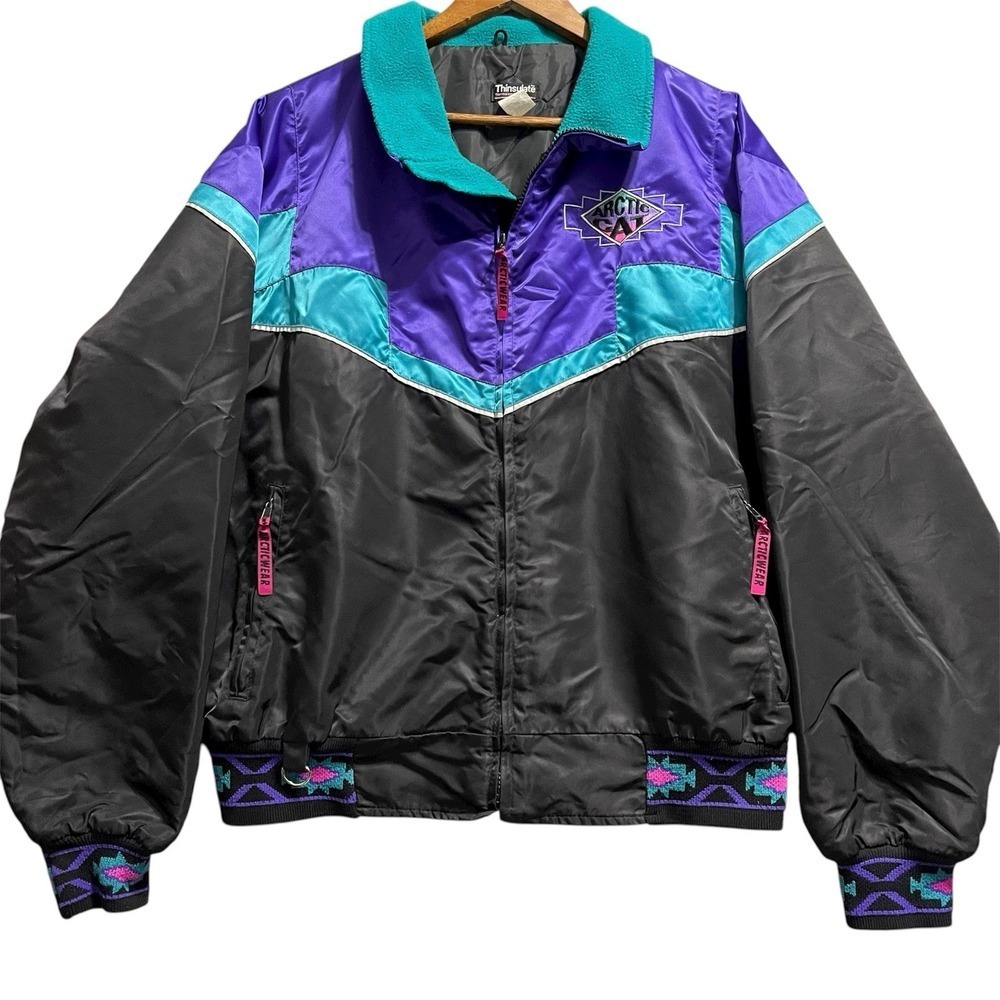 Vintage Arctic Cat Mens Jacket L Black Purple 90s Arcticwear Snowmobile Western